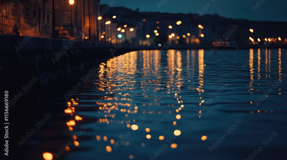Poster trieste port at night with shimmering lights reflected in calm sea water creating a tranquil and atm