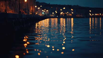 Trieste port at night with shimmering lights reflected in calm sea water creating a tranquil and atmospheric seaside scene