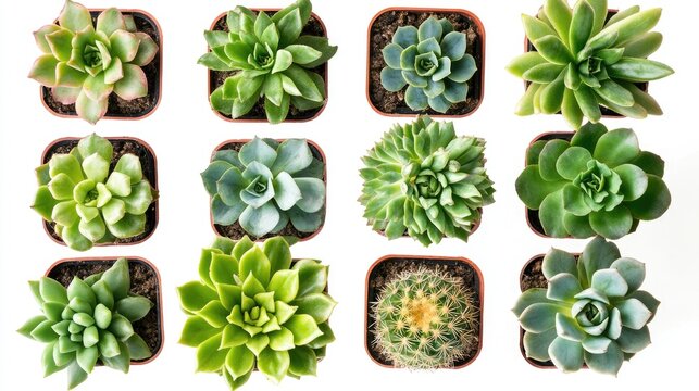 Top view of assorted succulents and cactus in pots arranged on white background for decorative purposes