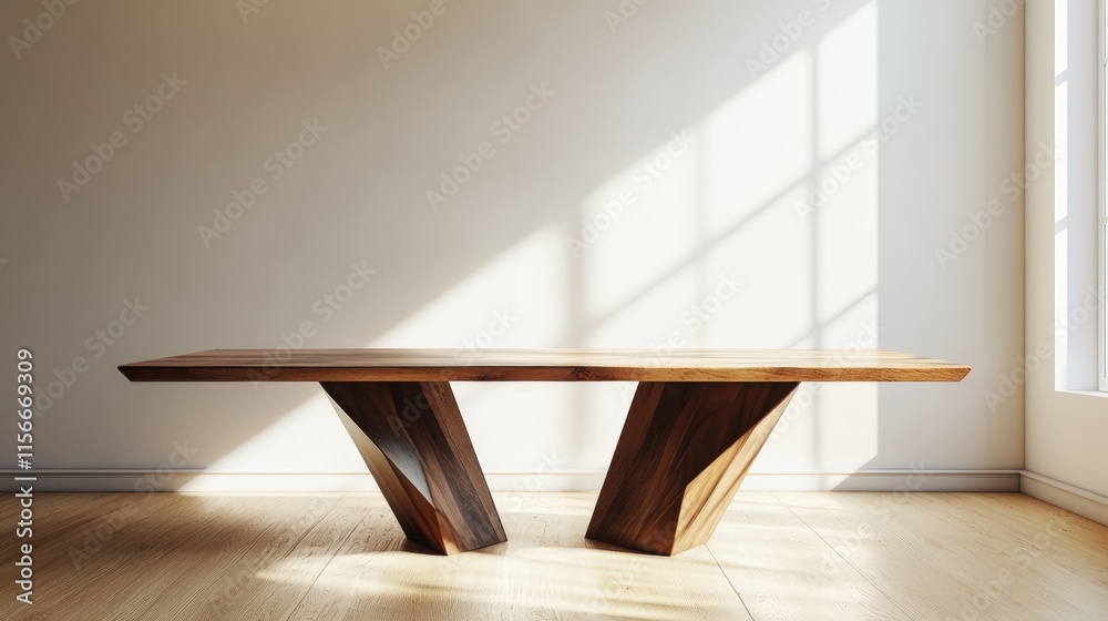 Aufkleber elegant wooden table with angular iron legs in sunlit empty room featuring white walls and wooden fl