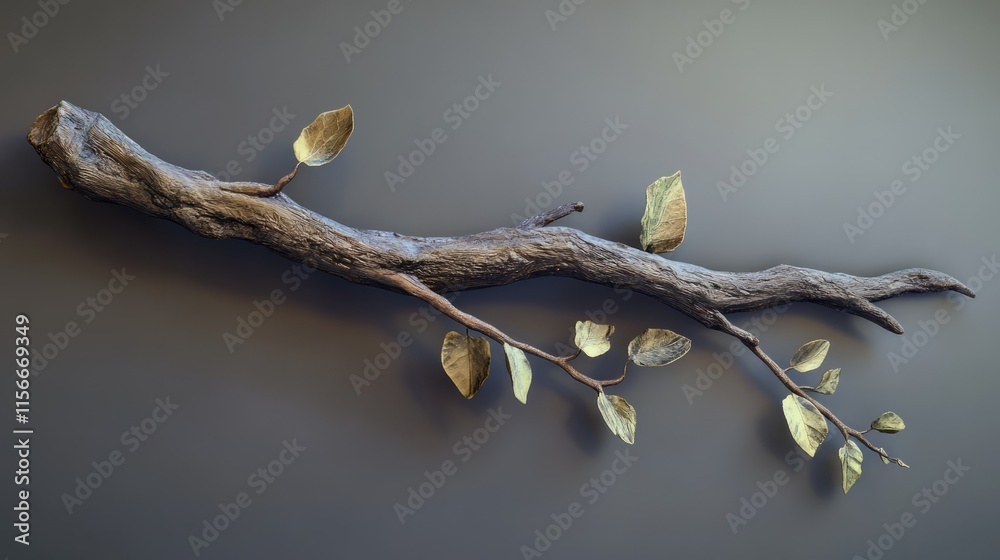 Poster natural wooden branch with foliage and leaves on a dark background for artistic and botanical decor 