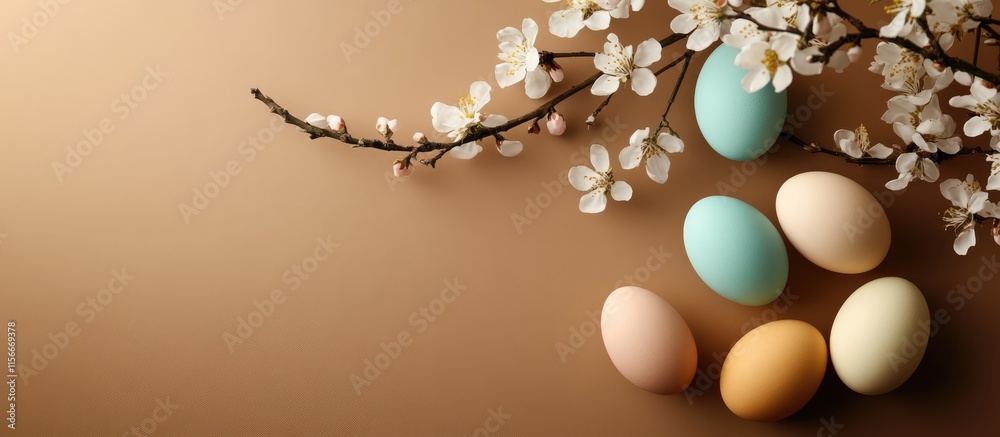 Poster pastel easter eggs and spring blossoms on a brown surface with shadows showcasing a minimalistic cre