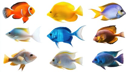 Naklejka premium Colorful tropical fish collection isolated on white background showcasing diverse species and vibrant colors for aquatic themes and designs.