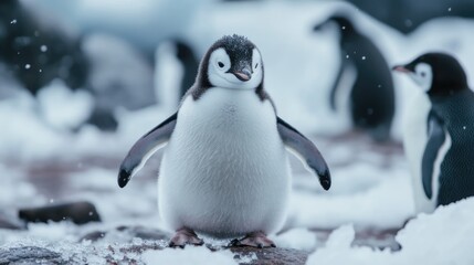 Obraz premium Penguin in Snowy Antarctica Landscape Capturing the Charm and Beauty of Wildlife in Extreme Cold Environment