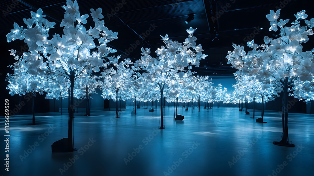 Poster Illuminated trees create a magical, serene atmosphere in a dark space