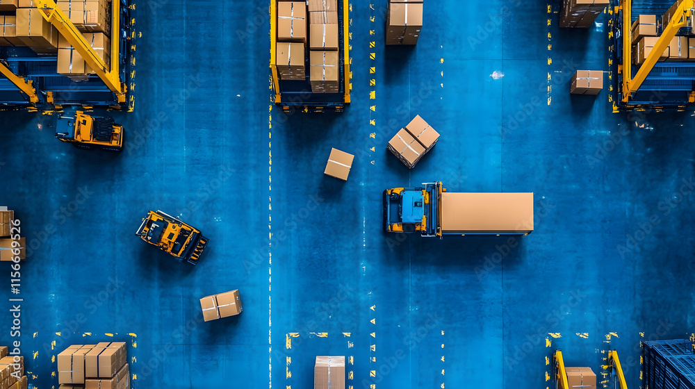 Poster aerial view of a busy warehouse with forklifts and stacked boxes on a blue floor