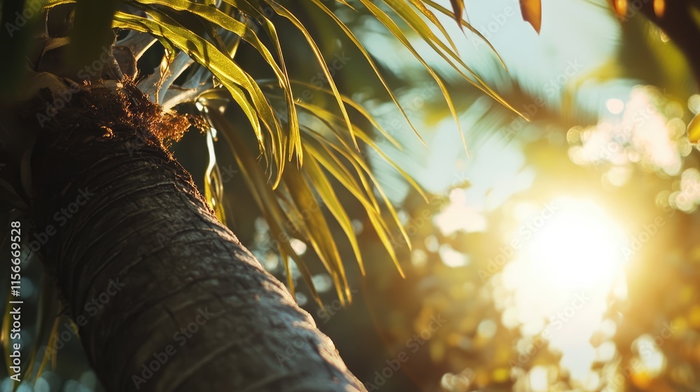 Aufkleber tropical palm tree trunk and leaves against a bright summer sky with sunlight glares filtering throu