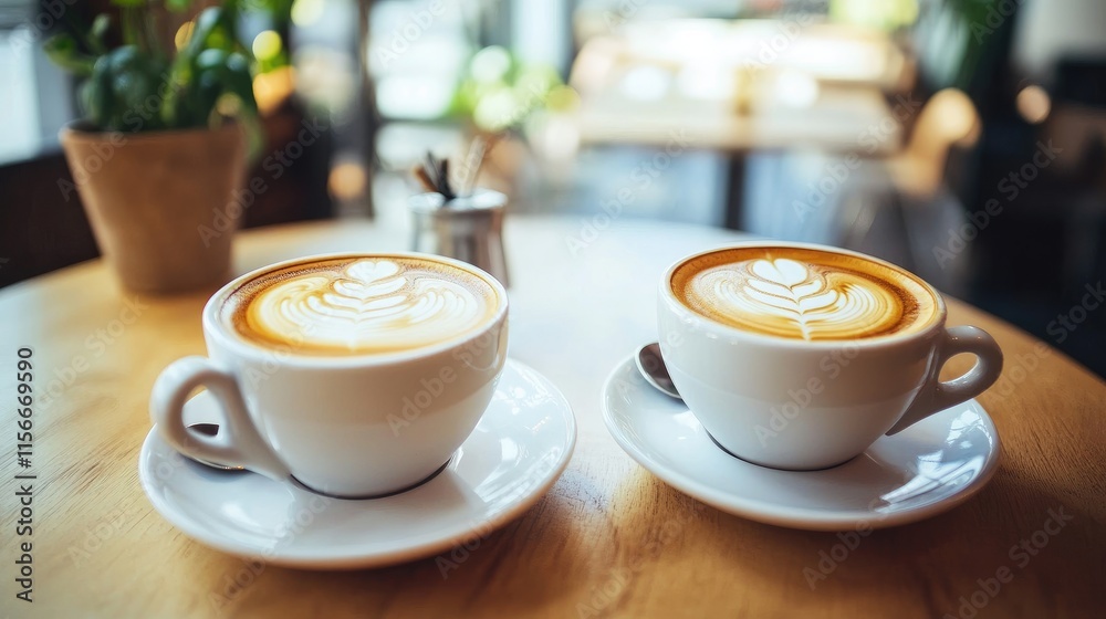 Poster Two cups of latte art on a wooden table in a cozy cafe setting with blurred background and greenery.