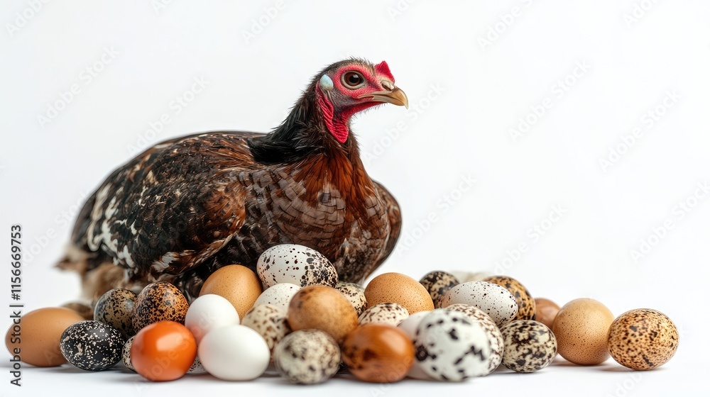 Poster Turkey and quail eggs arranged with a turkey on a white background showcasing variety in size and color of eggs.