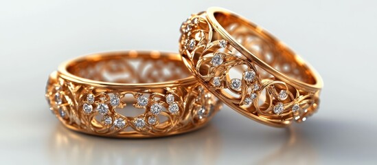 Naklejka premium Elegant close-up of intricately designed golden wedding rings embellished with diamonds showcasing luxury and romance.