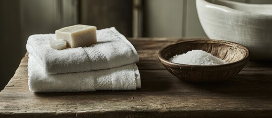 Spa essentials arranged on rustic wooden table with neatly folded towels bowl of salt and fragrant soap for a calming ambiance