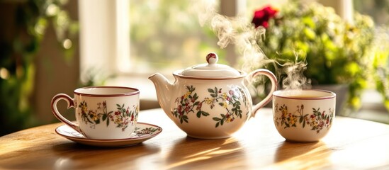 Fototapeta premium Charming tea set with floral design steaming on a wooden table surrounded by vibrant greenery for a cozy and inviting atmosphere