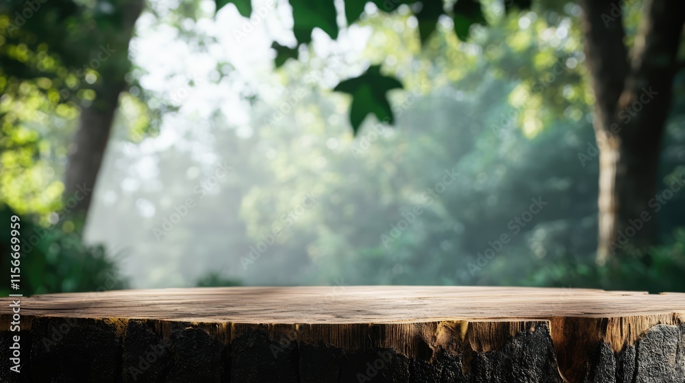Poster Wooden tree trunk in a serene forest setting offering space for product display or decoration with natural blurred background