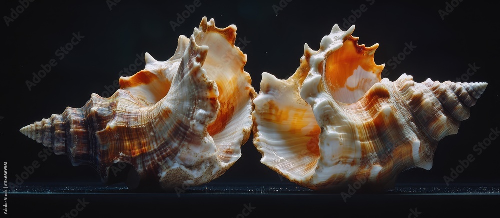 Poster twin seashells showcasing intricate patterns and vibrant colors, elegantly displayed against a dark 