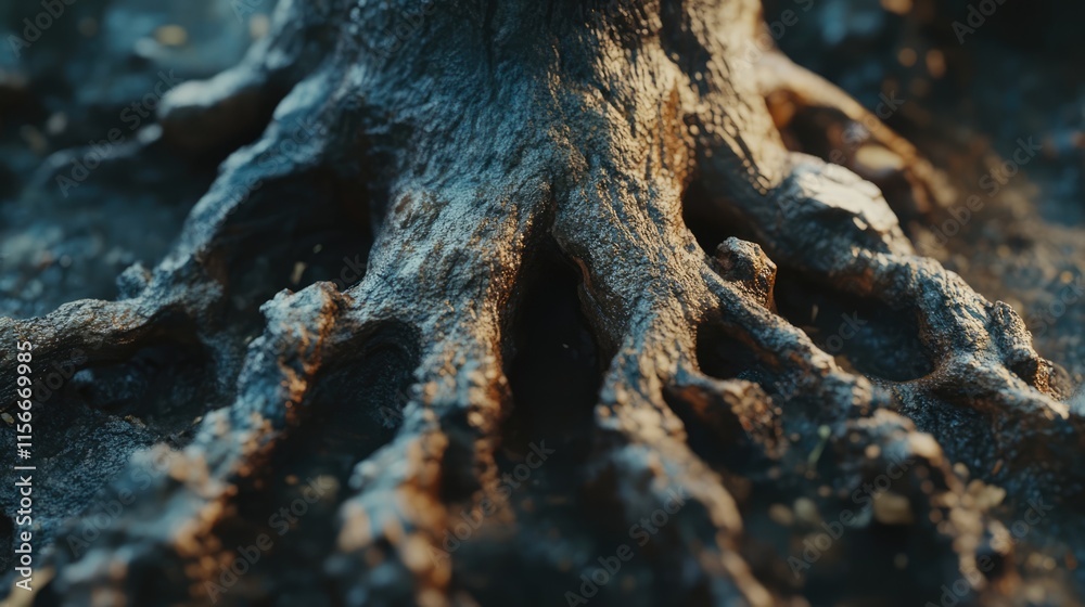 Aufkleber Detailed close-up of an ancient tree root showcasing intricate textures and natural patterns in a forest environment.