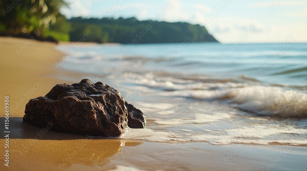 Aufkleber serene tropical beach scene featuring a detailed rock in focus with gentle waves and lush greenery i