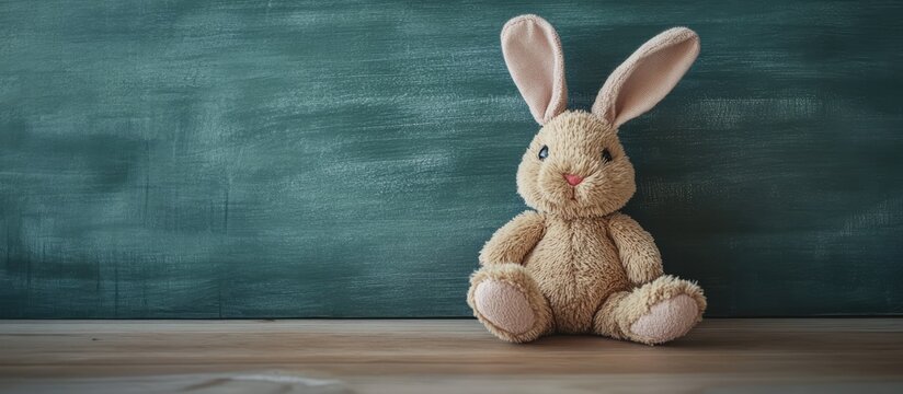 Stuffed toy rabbit on wooden surface with chalkboard backdrop creating a warm nostalgic still life composition for children's themes and decor.
