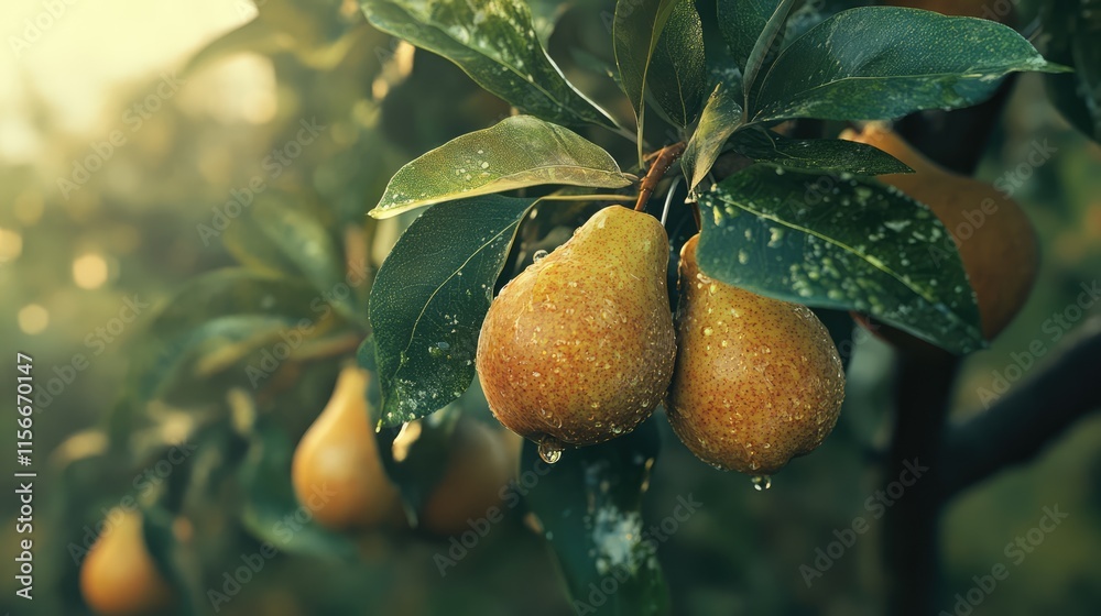 Poster ripe pears hanging from a tree with glistening leaves and droplets of water at sunset in an orchard 