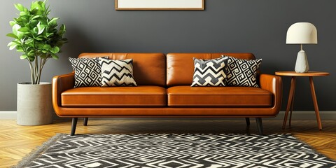 Chic urban living room featuring a cognac leather sofa enhanced with geometric patterned pillows, complemented by a mid century modern side table, a stylish lamp, and overlapping plush area rugs on