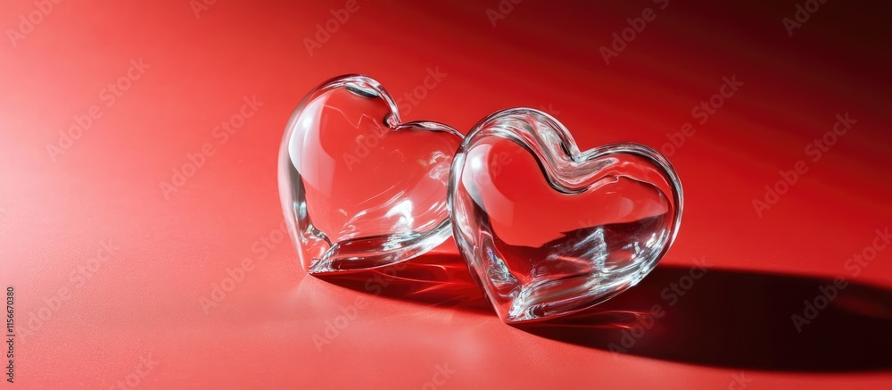 Poster two crystal heart shapes on vibrant red backdrop perfect for romantic themes and text integration