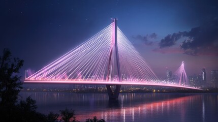 Obraz premium A night view of a futuristic bridge with laser lights crisscrossing the skyline, showcasing innovation.