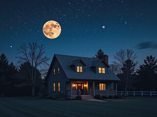 Peaceful Suburban Home at Night Full Moon Stars