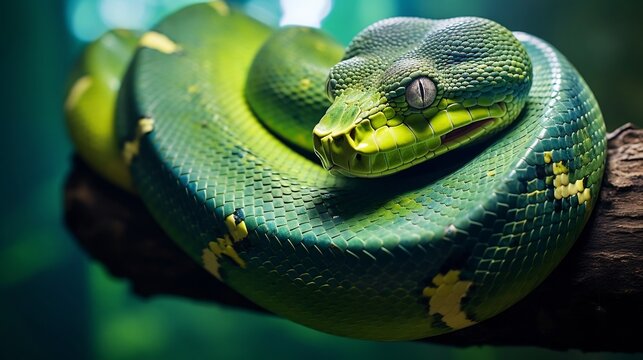 Close up portrait of a vibrant green tree python coiled tightly on a branch in a lush dense tropical rainforest  The snake s scaly skin and patterning blend seamlessly with the surrounding foliage