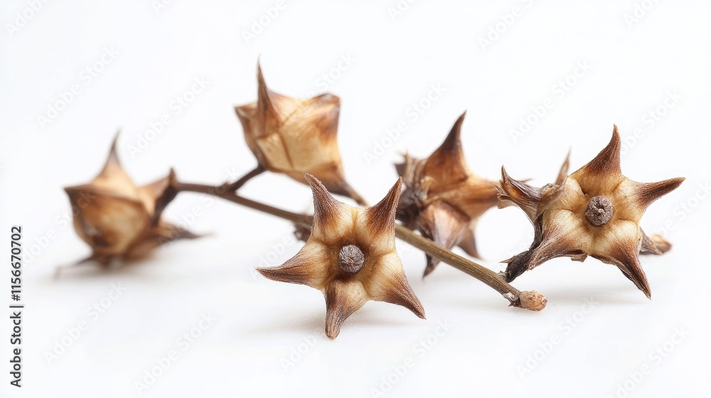 Poster dried seed pods of tribulus terrestris on white background showcasing unique star-like structure and