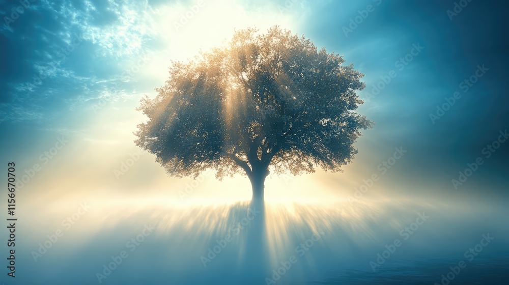 Poster majestic tree emerging from fog with backlit sunbeams creating a serene and ethereal atmosphere in n