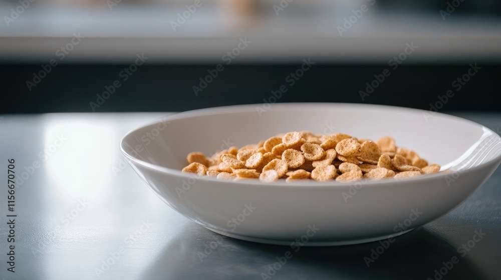Poster trendy pancake cereal served in a bowl with fresh berries and milk on a minimalist kitchen counterto