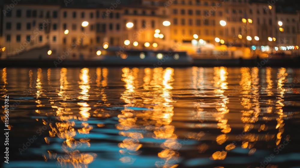 Poster trieste night scene with shimmering lights reflected in calm sea water creating a serene and vibrant
