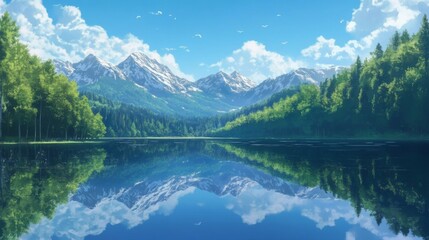 Serene mountain lake reflecting snow-capped peaks and lush forest under a bright sky.