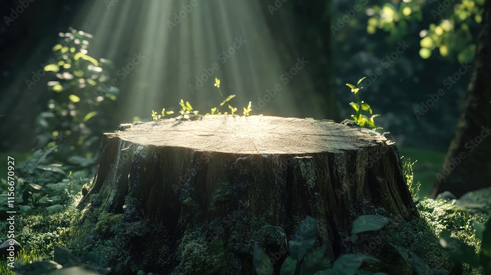 Poster Tree trunk cross section illuminated by sunlight with green foliage and soft rays creating a serene forest atmosphere