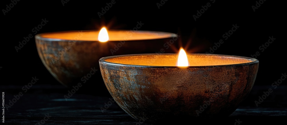 Poster two flickering candles in decorative bowls illuminating a dark background with a focus on the front 