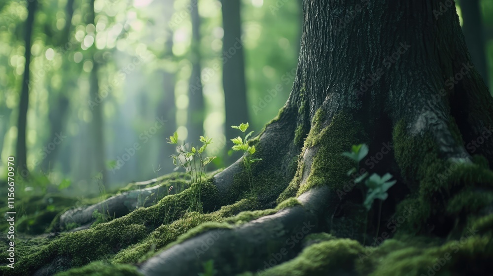 Poster Moss covered tree trunks in a lush forest creating a serene and tranquil natural environment with soft sunlight filtering through.