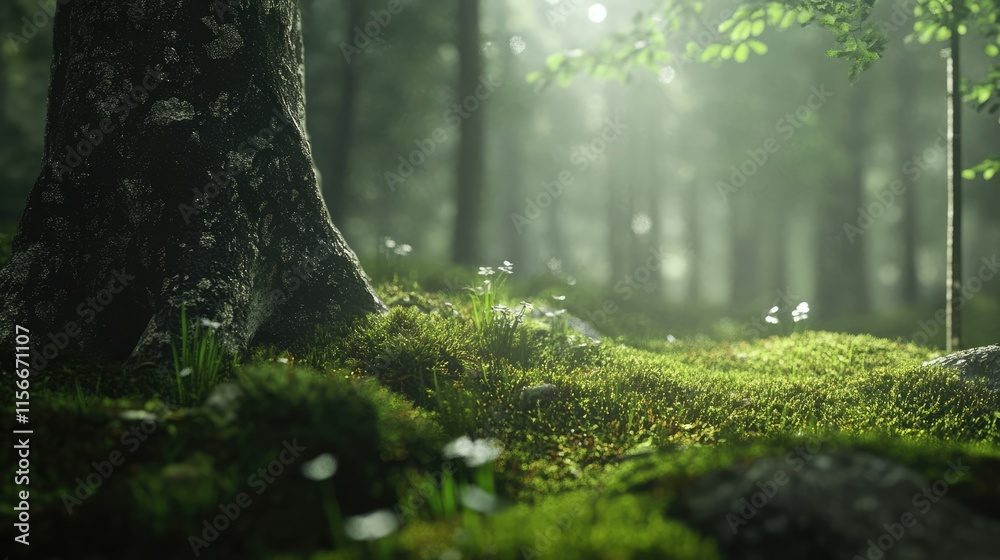 Aufkleber Lush forest scene with trees and vibrant moss creating a serene atmosphere illuminated by gentle sunlight.