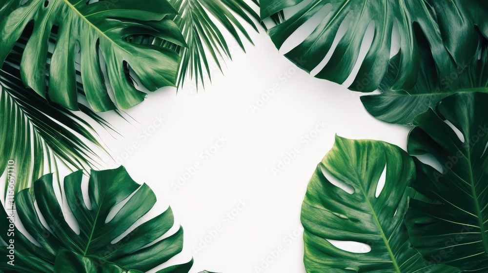 Poster tropical monstera and palm leaves arranged on a white background creating a vibrant green frame for 