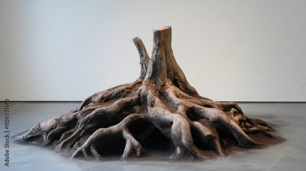 Aufkleber tree trunk and root structure showcasing intricate natural details in a minimalist art setting. perf