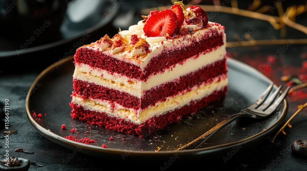 Poster red velvet trifle cake slice layered with strawberries and cream served on a dark plate with a fork 