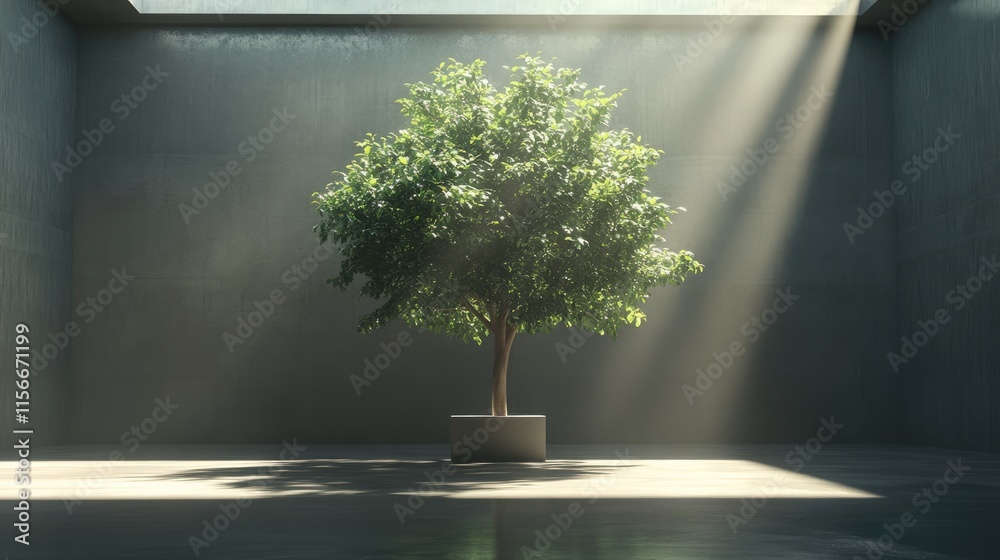 Poster Illuminated indoor tree with dramatic backlighting creating a serene and tranquil atmosphere in a modern studio space