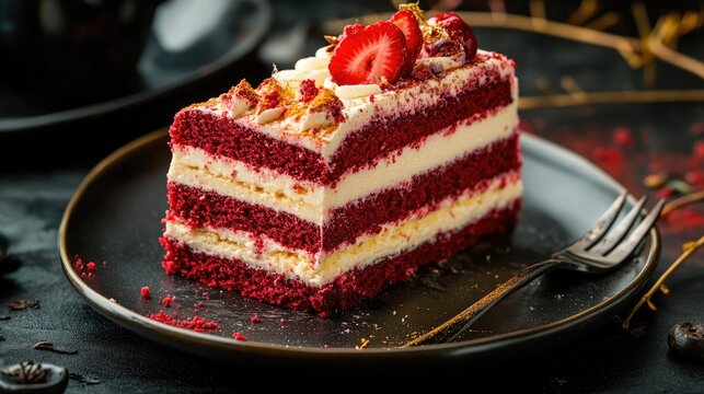 Red velvet trifle cake slice layered with strawberries and cream served on a dark plate with a fork elegant dessert presentation