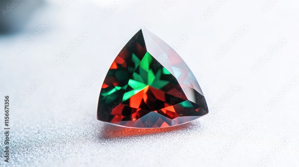 Poster color changing triangle garnet gemstone in trillion cut displaying vibrant green and red hues on a s