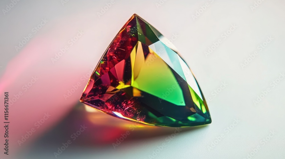 Poster triangle garnet gemstone in vibrant green and red hues on a white background showcasing high clarity