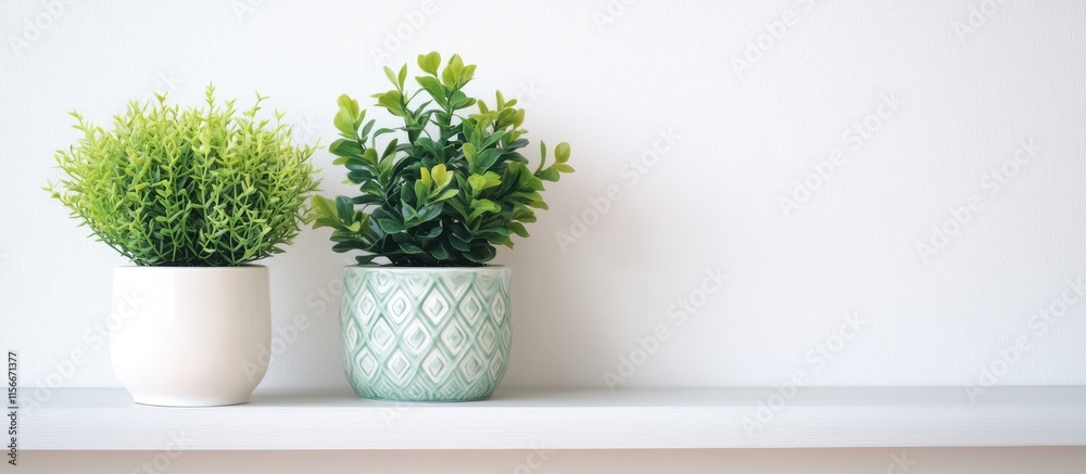 Poster minimalistic home interior featuring two decorative artificial green plants in stylish pots on a cle