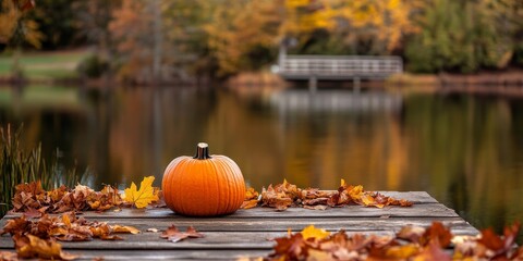 Orange pumpkin positioned on vibrant autumn leaves on a rustic wooden bridge beside a tranquil lake, capturing the essence of autumn with a focus on the orange pumpkin in the scene.