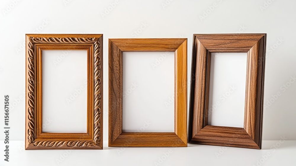 Poster triple wooden photo frame set with intricate designs showcasing abstract ornamentation on a clean wh