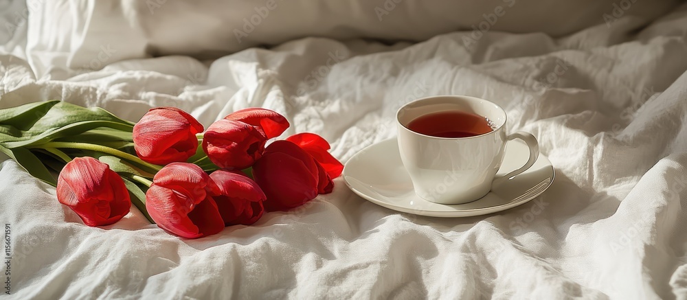 Aufkleber red tulips and a cup of tea elegantly arranged on a cozy white bedspread creating a serene and invit