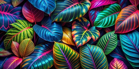 Colorful Neon Tropical Leaf Wallpaper Background - AI Art