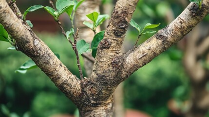 Fototapeta premium Tree trunk with branching limbs and vibrant green leaves in a serene garden setting