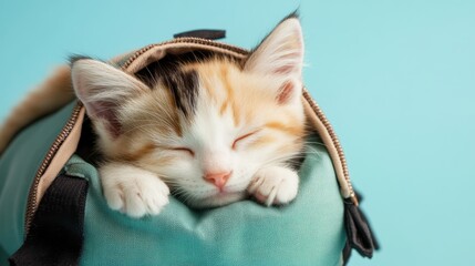 Naklejka premium Cute tricolor kitten peacefully napping in a cozy carrier against a soft blue background
